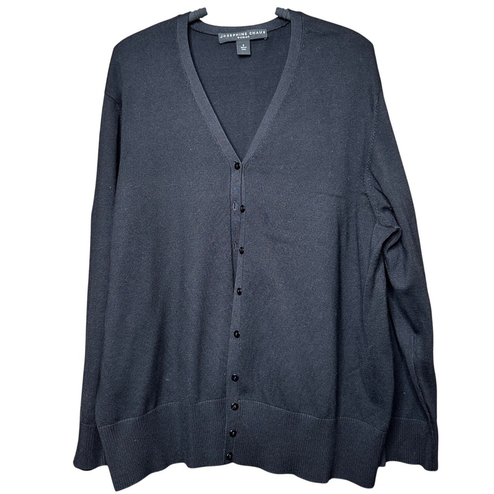 Josephine Chaus Woman Black Silk Blend V-Neck Button Front Cardigan Sweater Sz 2